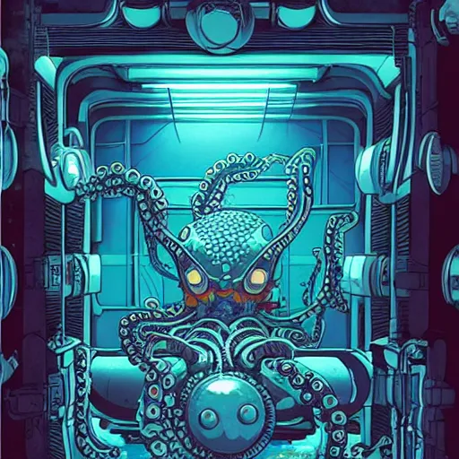 Image similar to robotic Octopus in an airlock, Industrial Scifi, cyberpunk, detailed illustration, character portrait, by Martin Grip and Moebius