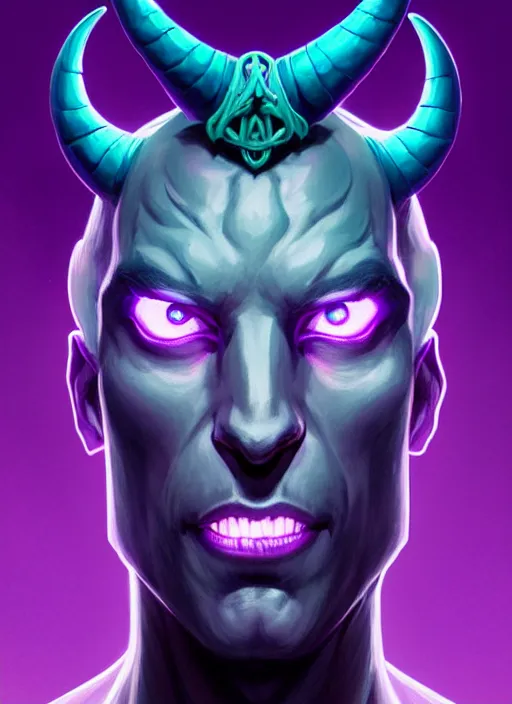 Image similar to symmetry!! portrait of a male purple and teal skinned tiefling with demon horns, glowing lights!! intricate, elegant, highly detailed, digital painting, artstation, concept art, smooth, sharp focus, illustration, art by artgerm and greg rutkowski and alphonse mucha