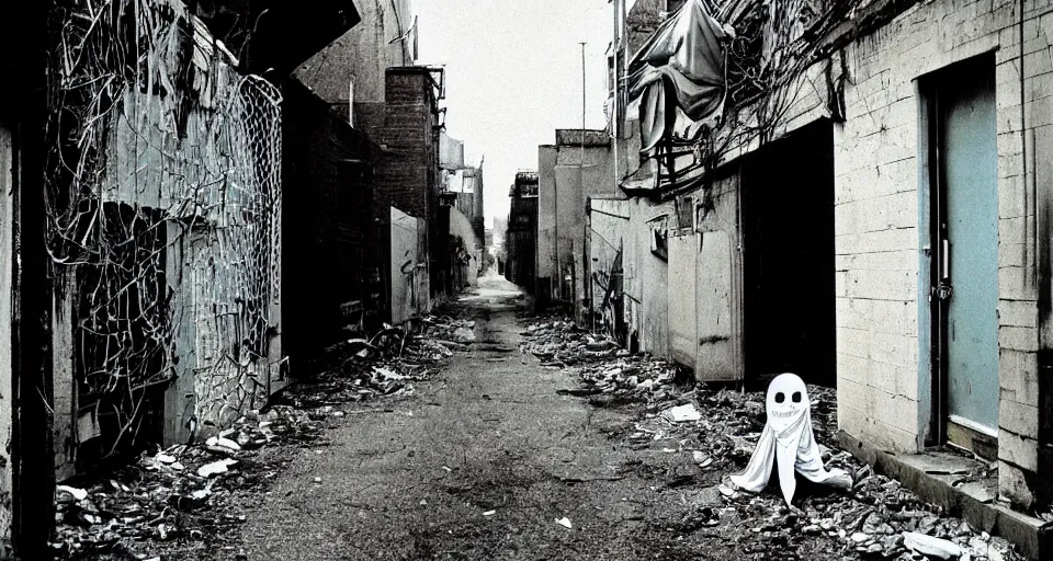 Image similar to ghost in an abandoned alleyway, photograph by greg girard. 1 9 7 6.