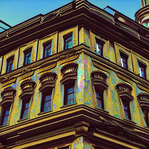 Image similar to lviv building facade highly detailed, photo, artstation, 3 d render, sharp focus, art by tokiolab and alphonse mucha, 8 k, ultra realistic, lens flare, glow, soft lighting, hyperrealistic, unreal engine