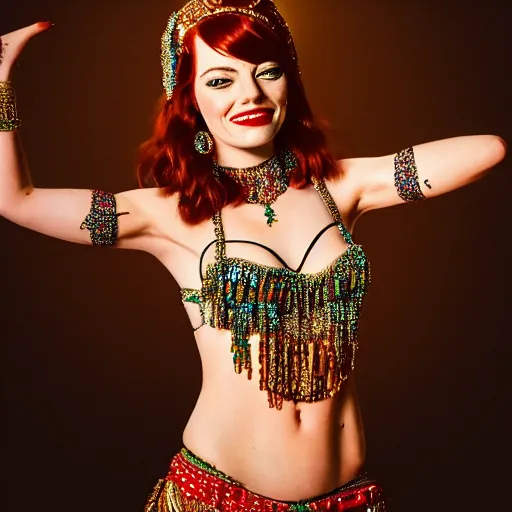 Image similar to a portrait of emma stone dressed as a belly dancer, arabian night, high quality, fully detailed, 4 k, in focus face with fine details, realistic hand details and anatomy