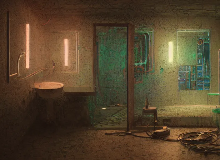 Image similar to A bathroom, neon, RGB, glowing wires everywhere, decay, by Edgar Maxence and Ross Tran, Zdzisław Beksiński, and Michael Whelan, distant, gustav dore, H.R. Giger, 8k, octane render