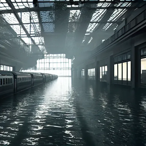 Prompt: photo of a train station, the floor is flooded with one meter deep water. eerie, volumetric lighting. highly - detailed 4 k