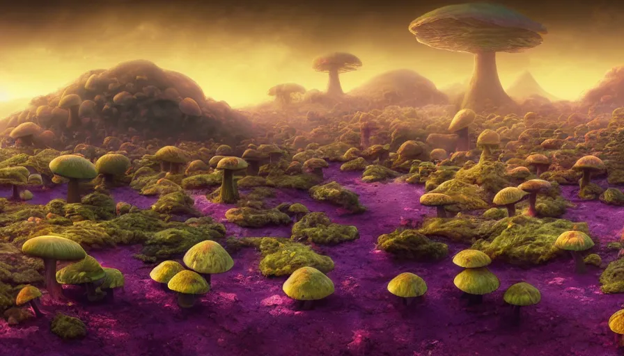 Prompt: A highly detailed digital art painting of a volatile nuclear caustic poison mushroom irradiated barren purple landscape by from software, Makoto Shinkai, by Artgerm, by beeple, volumetric lighting, octane render, 4K resolution, trending on artstation, masterpiece, vivid colours