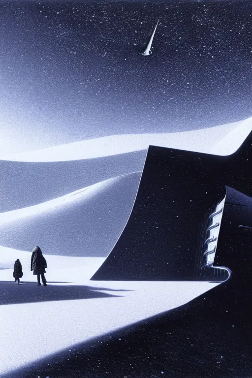 Prompt: emissary mountain space by arthur haas and bruce pennington and john schoenherr, cinematic matte painting, zaha hadid building, photo realism, snowfall, dark monochrome color palate, small woman silhouette for scale