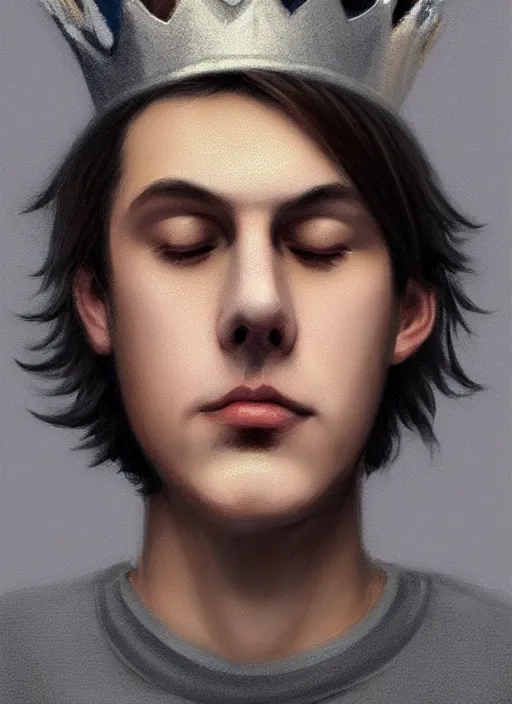 Image similar to portrait of teenage jughead jones wearing a light grey crown, photorealistic, crown, eyes closed, crown, black hair, sweater with letter s on it, letter s, intricate, elegant, glowing lights, highly detailed, digital painting, artstation, concept art, smooth, sharp focus, illustration, art by wlop, mars ravelo and greg rutkowski