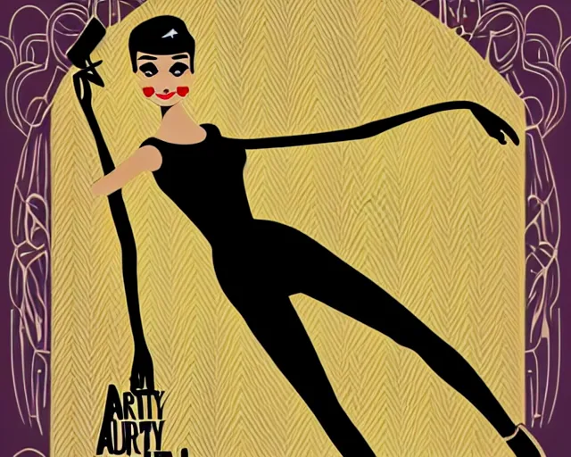 Prompt: teenage audrey hepburn dancing in art deco style, champagne commercial, artstation, illustration, bright, cheerful, detailed and intricate environment