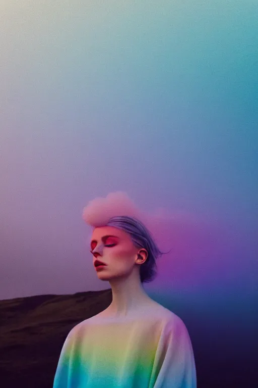 Prompt: high quality pastel coloured film close up wide angle portrait photograph of a model wearing clothing resting on cloud furniture in a icelandic black rock environment in a partially haze filled dreamstate world. three point light, rainbow. photographic production. art directed. pastel colours. volumetric clouds. pastel gradient overlay. waves glitch artefacts. extreme facial clarity. 8 k. filmic.