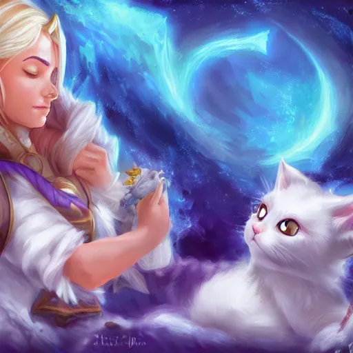 Image similar to jaina proudmoore pets a white kitty, world of warcraft, digital art, cute, happy, detailed