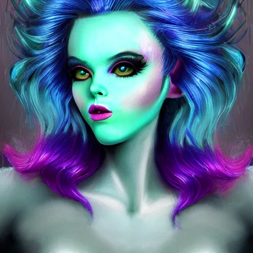 Image similar to Glam hair, 80s hair, Elf girl with blue skin, alien skin, blue elf, blue, blue-skinned elf, green hair, hairspray, big hair, wild hair, glam make-up, 80s, illustration, fantasy art, trending on ArtStation, 1980s fantasy art