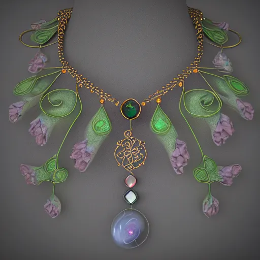 Prompt: intricate! organic, nordic wedding ring, necklace, gemstones, dreamy floral background, detailed, refraction, occlusion, lower and upper levels, keyshot render, octane render, vray render