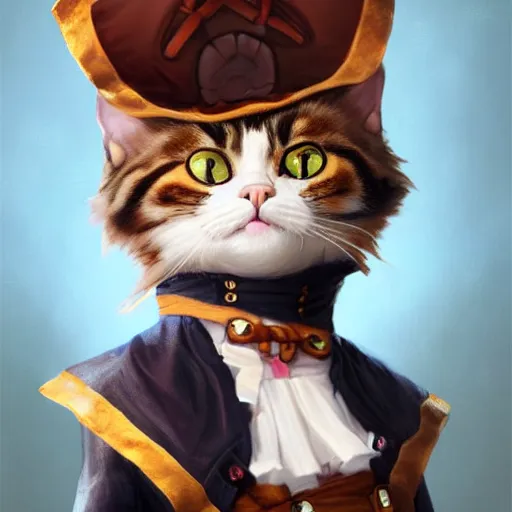 Image similar to Portrait of a Kawaii Cat dressed as a Pirate, digital painting, highly detailed, artstation, concept art, smooth, sharp focus, illustration, art by artgerm and greg rutkowski.