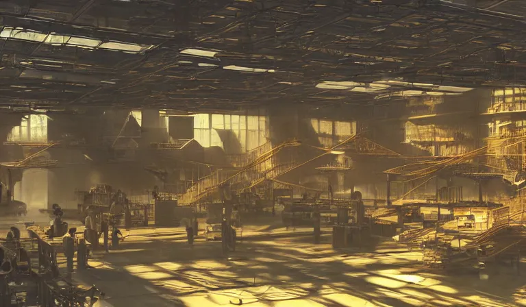 Prompt: group of people in simple warehouse, looking at hologram of futuristic dense metropolis on a table, cinematic concept art, godrays, golden hour, natural sunlight, 4 k, clear details, tabletop model buildings, center model buildings, hologram center, crane shot, crane shot, crane shot