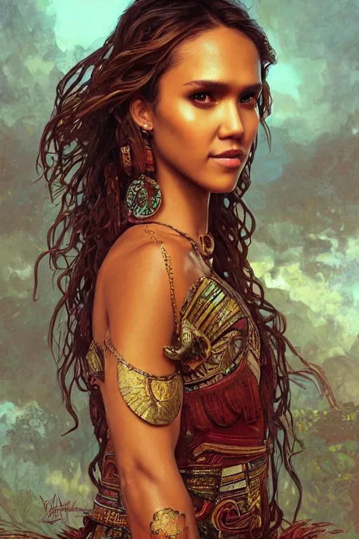 Prompt: Jessica Alba portrait, Aztec, Mayan, fantasy, elegant, intricate, by Stanley Artgerm Lau, greg rutkowski, thomas kindkade, alphonse mucha, loish, norman Rockwell