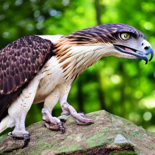 Image similar to hawk morphed with a velociraptor hybrid animal, high quality photo taken in zoo, realistic