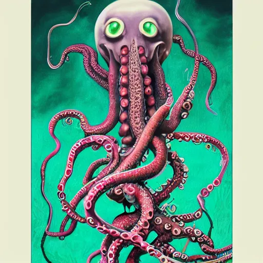 Prompt: full body shot of a birthday cake with tentacle arms by junji ito and james jean and esao andrews, 4 k, hyperdetailed, hyperrealistic, trending on artstation, pencil art on paper, horror, dramatic lighting