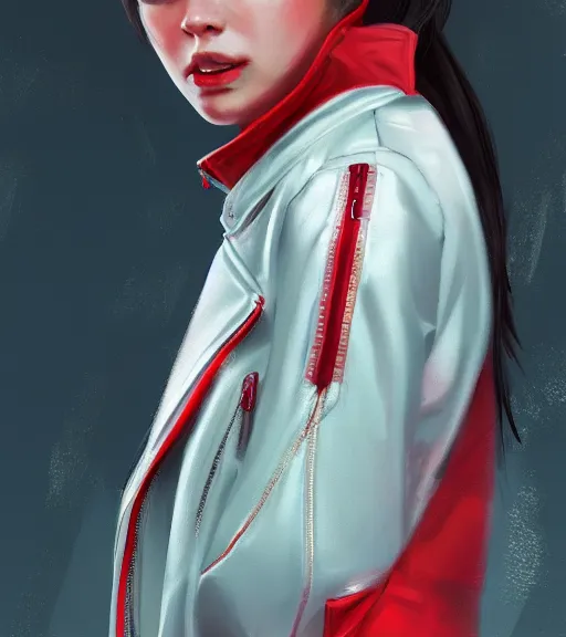 Image similar to a girl wearing a red jacket, highly detailed, digital painting, artstation, concept art, smooth, sharp focus, illustration