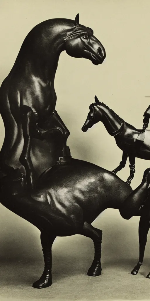 Prompt: t rex and a horse wearing high heels. anamorphic strange black and white photograph, 1 8 5 0 s