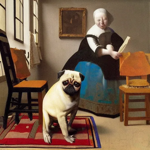 Image similar to painting of a Pug leading an orchestra. By Johannes Vermeer.