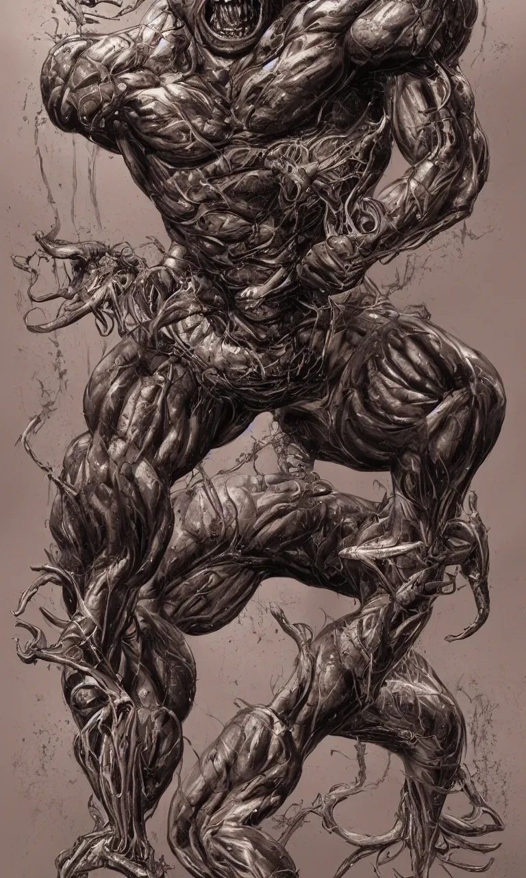 Image similar to legs and feets study of hyper realist full body long shot portrait of bodybuilder venom from marvel comics!!!!, large mouth with teeth, large tongue, lovecraftian horror!!, fantasy, intricate, elegant, highly detailed, digital painting, artstation, concept art, matte, sharp focus, illustration, art by glenn fabry and giger