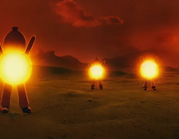 Image similar to teletubbies in mad max, film still, screenshot, desert, cinematic