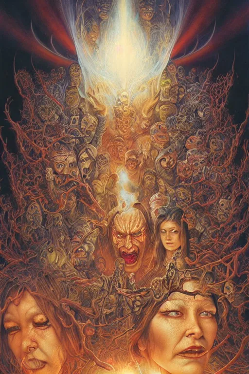 Prompt: hell, people suffering, evil spirits roam with lanterns, psychedelic lights and fog, zdzislaw, ayami kojima, yamamoto, barclay shaw, karol bak, hyperrealist, 8 k