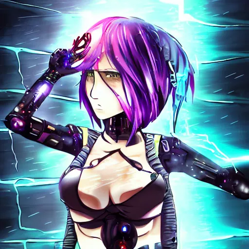 Image similar to full body!!!, digital dark cyberpunk anime!!, shattered beautiful cyborg - girl in the style of arcane!!!, lightning, raining!!, water refractions!!, black long hair!, colorful reflective eyes, full round face!, biomechanical details, mid - shot, reflections, wlop, ilya kuvshinov, artgerm