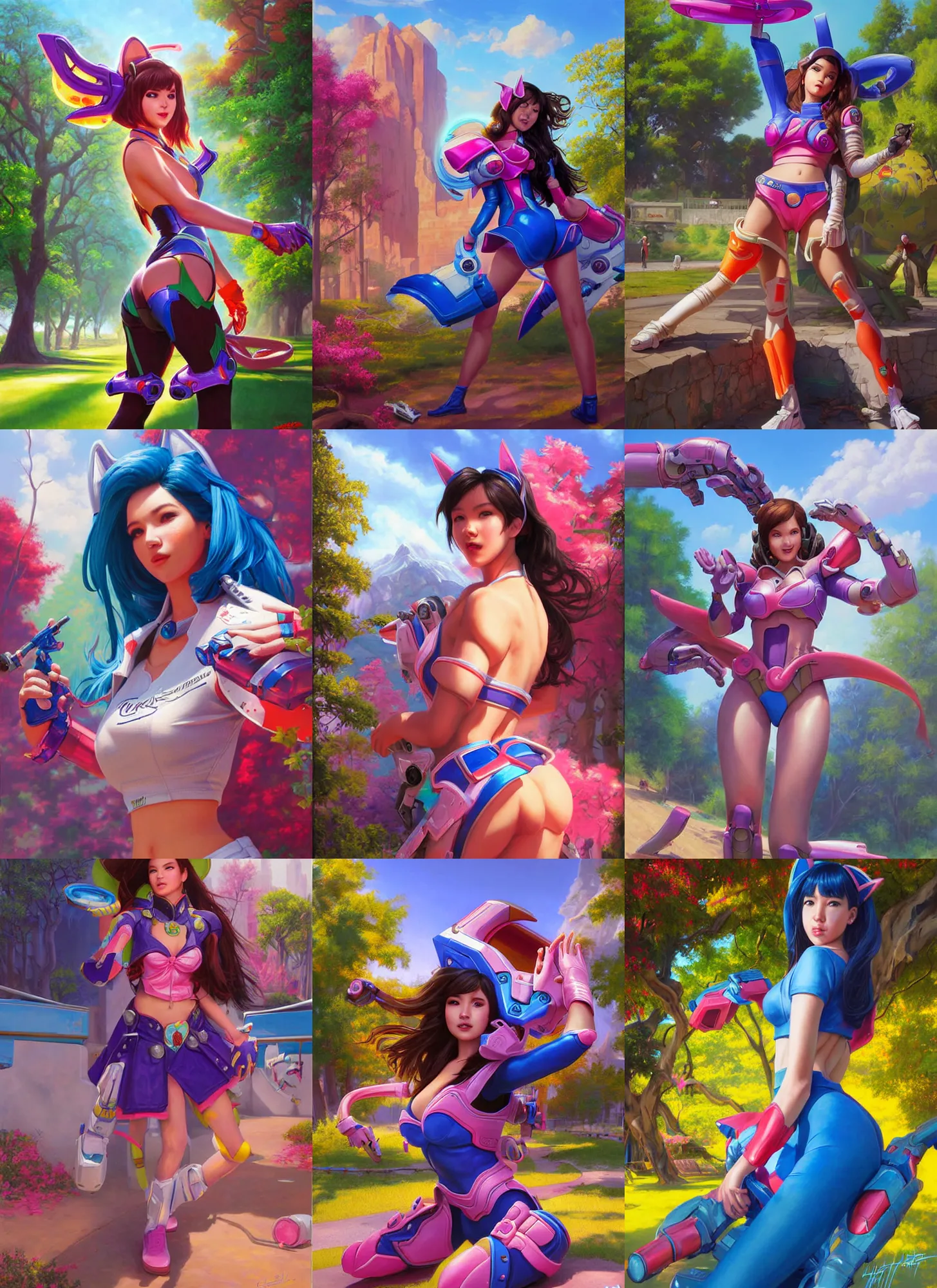 Prompt: D.va painting on a canvas at a park, vivid colors, natural sunlight, matte painting by Greg Hildebrandt and Artgerm and Ross Tran, highly detailed