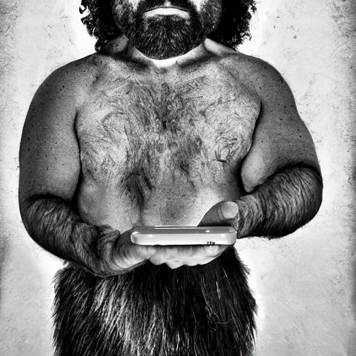 Prompt: caveman holding iphone, portrait