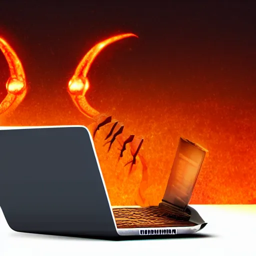 Prompt: a demon programmer using a laptop ~ evil smile ~ lava background ~ two horns ~