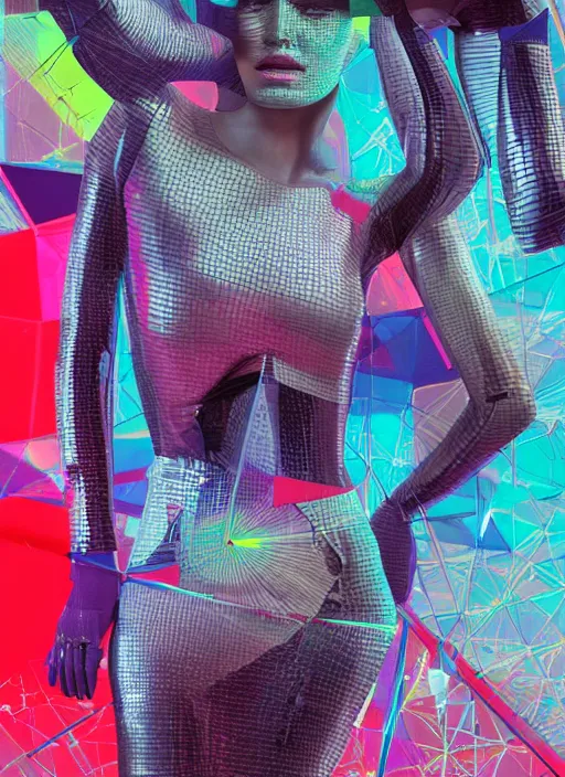 Image similar to futuristic lasers tracing, data visualization, laserpunk fullbodysuit,, pyramid visor, raindrops, wet, oiled, beautiful cyborg girl pinup, by steven meisel, kaws, rolf armstrong, cubist perfect geometry abstract acrylic, hyperrealism photorealistic airbrush collage painting, monochrome, neon fluorescent colors, minimalist rule of thirds, eighties eros