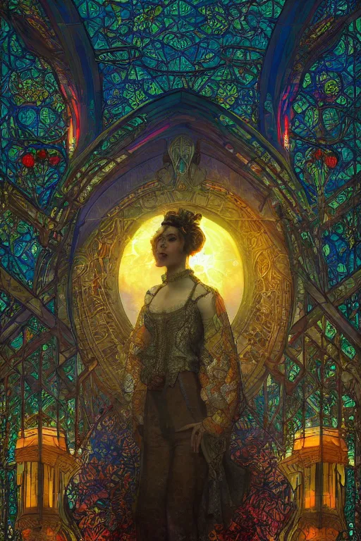 Prompt: city made out of stained fractured glass, art nouveau, bright colors, intricate, highly detailed, elegant, sun shining through, sharp focus, art by rembrandt, tom bagshaw, and quentin mabille, artstation