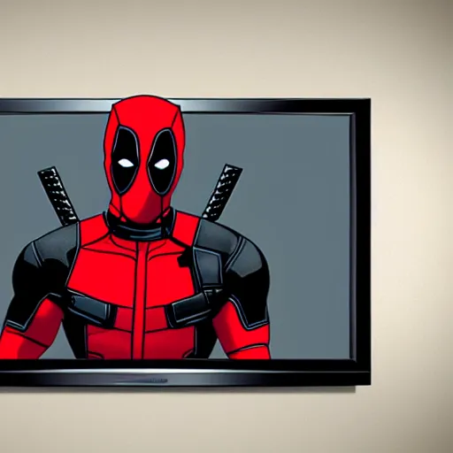 Prompt: deadpool trying to break into your room through the tv screen