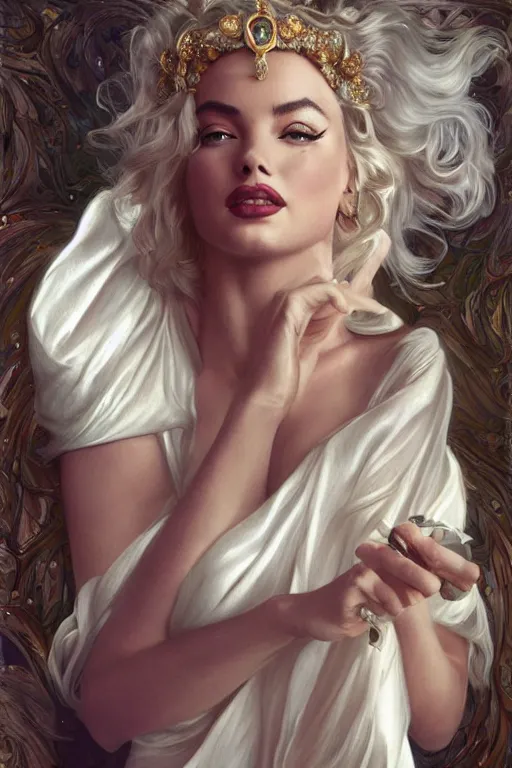 Image similar to ultra realistic illustration, a stunningly beautiful greek goddess of chaos played by marilyn monroe and dove cameron and margot robbie and taylor swift and megan fox, intricate, elegant, highly detailed, digital painting, artstation, concept art, smooth, sharp focus, illustration, art by artgerm and greg rutkowski and alphonse mucha