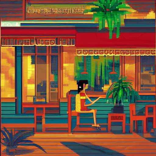 Prompt: a thin, pretty young Filipino girl sits in the window of a Cafe with an espresso, golden morning light, tropical plants, amazing 16 bit pixel art, 6 colors, artstation