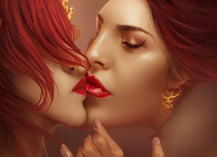 Image similar to woman love woman, sweet hugs, gold trim, atmoshperic, elegant, sharp focus, sand sea, red sun, huge lips, by knight zhang, queen of pain. trending on artstation, intricate details