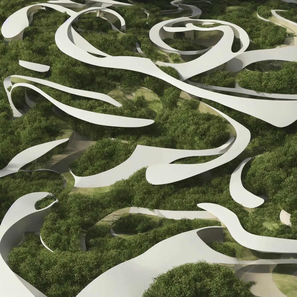 Image similar to “ an incredibly smooth curvilinear architectural immersive physical sculpture, unfolding continuous golden surfaces enclose a visually satisfying garden designed by zaha hadid, architecture render ”