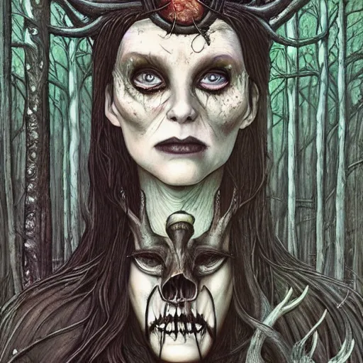 Image similar to an epic horrific wiccan gothic painting of a mother - nature witch cult woman wearing a deer skull, in a moonlit forest by gerald brom by junji ito by vanessa lemen by charlie bowater