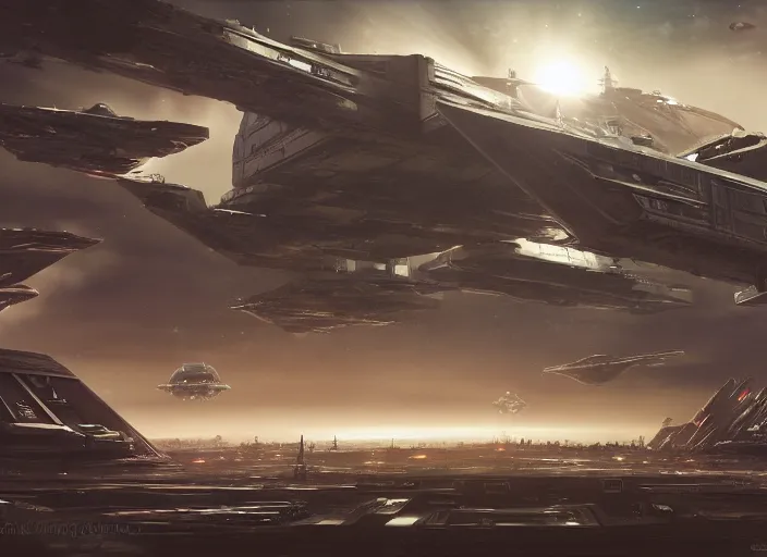 Image similar to a single large symmetric type 3 civilization timepunk futuristic alternate reality and physics spaceship seen from the surface of a busy metropolis, star wars, star citizen digital art, trending on art station