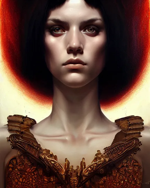 Image similar to symmetrical portrait of a 2 5 year old girl, by karol bak, james jean, tom bagshaw, rococo, sharp focus, trending on artstation, cinematic lighting, hyper realism, octane render, 8 k, hyper detailed.