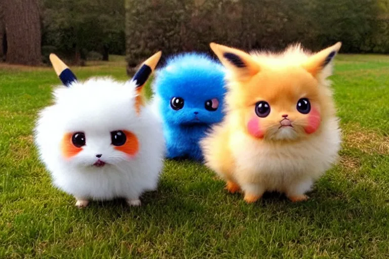 Prompt: real life pokemons, cute!!!, content!!!, mischievous!!!, adorable!!!, little furballs, fluffy!!!, ultra realistic!!!, golden hour, sharp focus