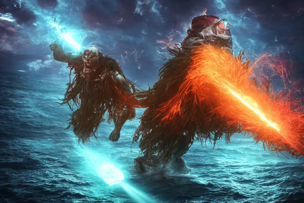 Image similar to colossal shaman god destroying very living thing in the ocean, made of lasers, cast across the night sky, 8 k, ultra realistic, lens flare, atmosphere, glow, detailed, intricate, full of colour, cinematic lighting, trending on artstation, 4 k, hyperrealistic, focused, extreme details, unreal engine 5, cinematic, masterpiece