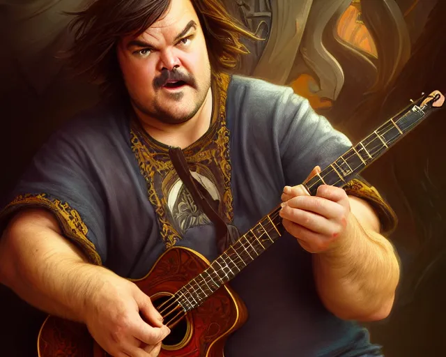 Prompt: photography of jack black with a guitar singing 8 k, deep focus, d & d, fantasy, intricate, elegant, highly detailed, digital painting, artstation, concept art, matte, sharp focus, illustration, hearthstone, art by artgerm and greg rutkowski and alphonse mucha