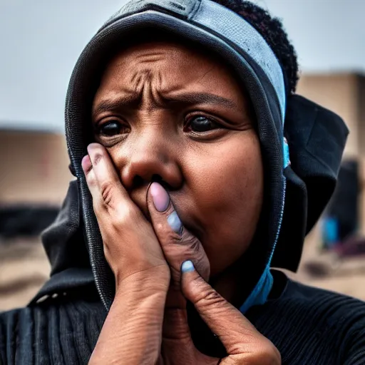 Image similar to photographic portrait of a poor techwear woman holding back tears, a futuristic shanty town burns in the background, closeup, sigma 85mm f/1.4, 4k, depth of field, high resolution, 4k, 8k, hd, full color