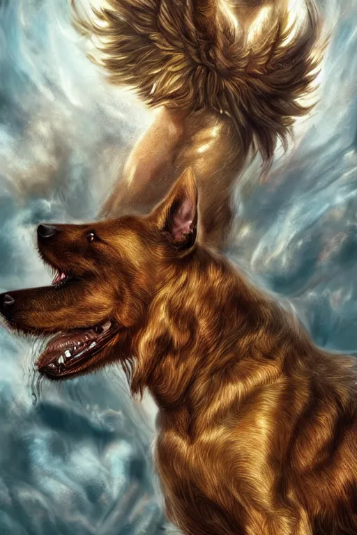 Image similar to Dog as a god with a radiant halo, detailed face, gorgeous, amazing, flowing hair, very muscular male body, partial anatomy, stormy background, caesar victorious, proud Emperor, crepuscular ray, intricate, highly detailed, 8K, digital painting, fantasy, artstation, concept art, sharp focus, over-shoulder shot, illustration, art by greg rutkowski beeple and alphonse mucha, jim burns