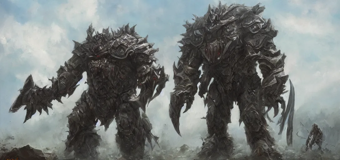 Image similar to oil painting of a single giant orc in futuristic armor roars as it steps over it's fallen enemy's bodies