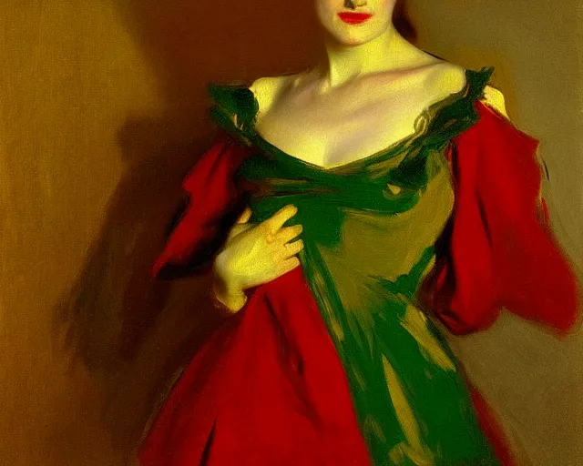 Image similar to a green, red, and gold painting by John Singer Sargent