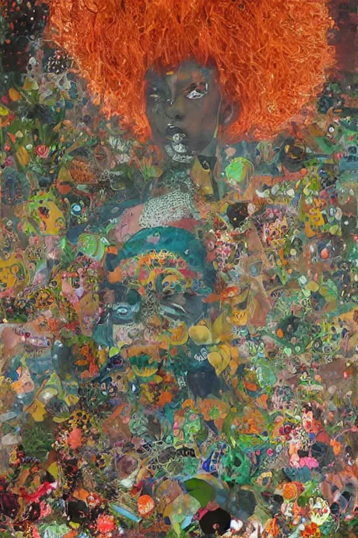 Image similar to hyperrealism with oil painting, 2 0 y. o girl in in the style dustin yellin, of yoshitaka amano, style wrapped in flowers and wired in the style of yayoi kusama, by barry lyndon ultra detailed high resolution, 8 0 s print sci fi art