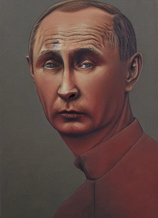 Image similar to Painting in a style of Beksinski featuring Vladimir Putin