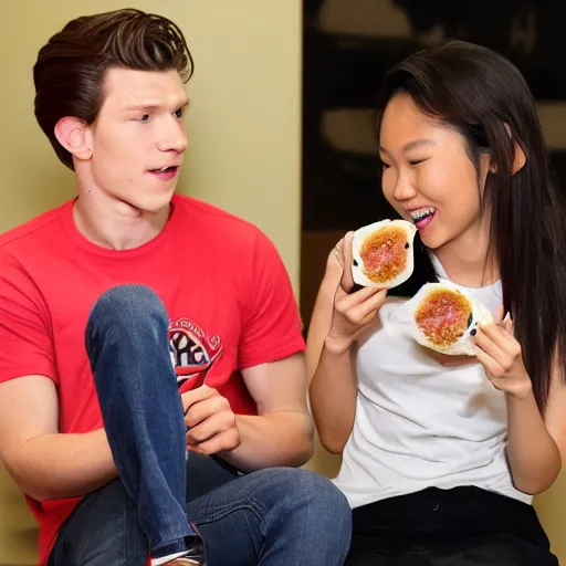 Prompt: Tom Holland eating spam musubi with a beautiful Filipina college girl at Chapman University